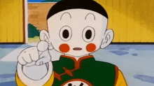 a close up of a cartoon character pointing at the camera .