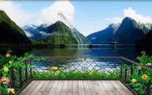 a balcony with a view of a lake with mountains in the background .