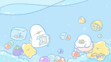 a cartoon drawing of a duck swimming in the water with bubbles