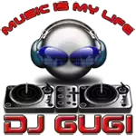 a logo for dj gugu shows an alien wearing headphones