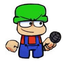 a cartoon character is holding a microphone and wearing overalls and a green hat .