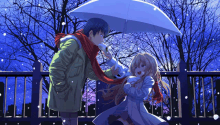 a boy and a girl are standing under an umbrella