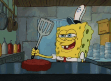 a cartoon of spongebob holding a spatula and a burger