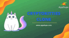 a cartoon cat with a unicorn horn on its head sits on a green background with the words cryptokitties clone below it