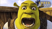 shrek is making a funny face with his mouth wide open .