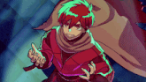 a cartoon drawing of a boy with red hair and green hair