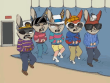 a group of cartoon rabbits wearing sunglasses and hats