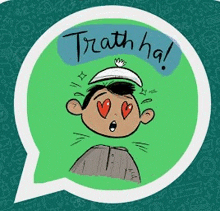 a cartoon of a boy with hearts in his eyes in a speech bubble on a green background .