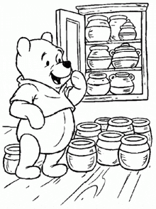 a black and white drawing of winnie the pooh standing next to a cabinet filled with jars of honey .