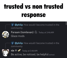 a screenshot of a text conversation between philip and faraam that says trusted vs non trusted response