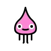 a pink squid with a smiling face and a drop of blood coming out of it .