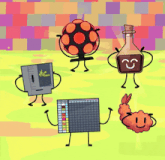 a group of cartoon characters including a bottle of sauce and a computer
