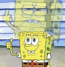 a cartoon spongebob gives a thumbs up with his face behind him