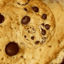 a close up of a chocolate chip cookie on a table .