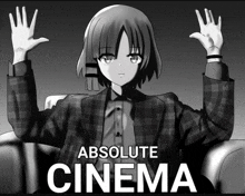 a poster for absolute cinema with a girl in a suit