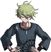 a boy with green hair and a striped shirt has his hands on his hips and smiles