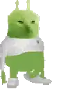 a pixel art of a green cat wearing a white shirt and shoes .