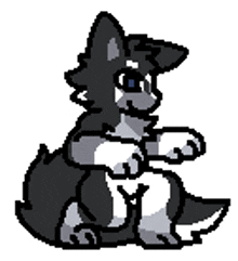 a pixel art drawing of a black and white wolf sitting down on a white background .