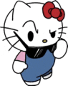 hello kitty is wearing a pair of sunglasses and overalls .