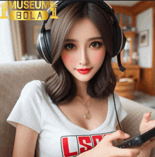 a woman wearing headphones and a white shirt with lsd on it