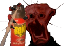 a red monster is holding a raid ant & roach spray