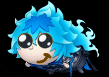 a cartoon drawing of a person with blue hair and a yellow tongue