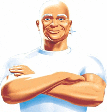 mr. clean is a cartoon character with his arms crossed and a smile on his face .