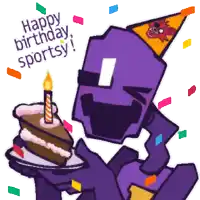 a purple cartoon character is holding a birthday cake