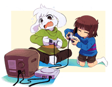 a cartoon of a goat and a girl playing a video game