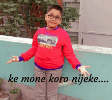 a young boy wearing a red ferrari sweatshirt stands on a balcony