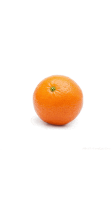 a single orange on a white background with a green stem