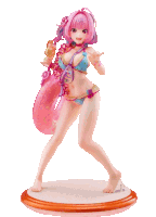 a statue of a girl in a bikini holding a pink float