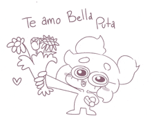 a drawing of a person holding a bouquet of flowers and the words te amo bella puta