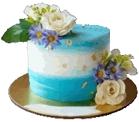 a blue and white cake with flowers and gold leaf on top