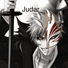 a man with a mask on his face is holding a sword and the name judar is written above him