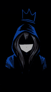 a person wearing a blue hoodie with a crown on top of their head