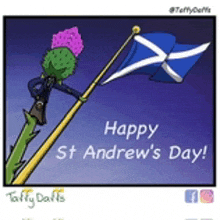 a cartoon of a man holding a flag that says happy st andrews day