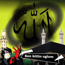 a cartoon character with red gloves and a sign that says " sen bittin oglum " in front of a mosque