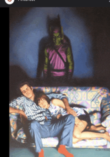 a painting of a man and woman laying on a couch with a green goblin behind them