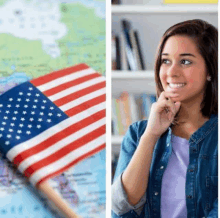 a woman is smiling next to an american flag