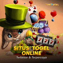 an advertisement for situs togel online shows a rabbit in a top hat holding a flower