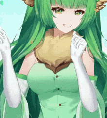 a girl with long green hair and white gloves