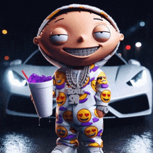 a cartoon character holding a cup of purple liquid with a car in the background