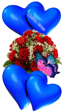 a bouquet of red roses is surrounded by blue hearts and a butterfly