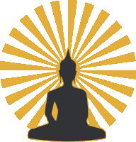 a silhouette of a buddha sitting in front of a sun