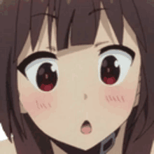 a close up of a anime girl 's face with a surprised expression .