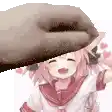 a close up of a person 's hand touching a girl 's head .