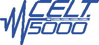 a blue celt 5000 logo with a heartbeat in the middle