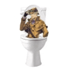 a toilet with a picture of a man in a trench coat on it .