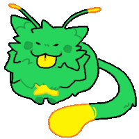 a drawing of a green monster with a yellow tail sticking out its tongue